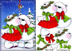 Christmas Kissing Bears Snow Scene Card Front Decoupage