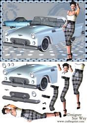 1950s Lady and Her Blue T-bird Car Decoupage