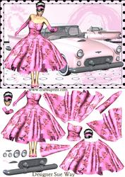 Rock & Roll Lady & Her Pink T-bird Car Decoupage
