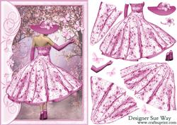 1950's Lady in Pink Catching Butterflies Decoupage