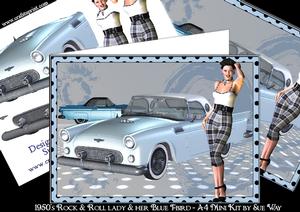 1950s Rock and Roll Lady and Her Blue T-bird A4 Mini Kit