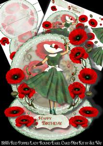 1950's Red Poppies Lady Round Easel Card Mini Kit
