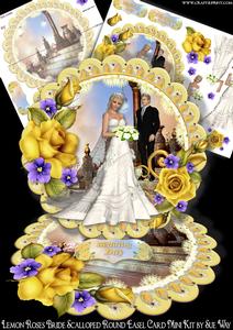 Lemon Roses Bride and Groom Scalloped Round Easel Card