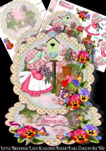 Little Birdhouse Lady Scalloped Round Easel Card