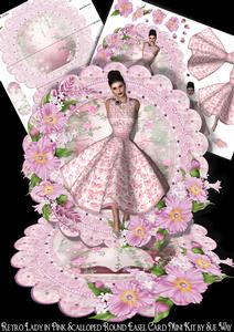 Retro Lady in Pink Scalloped Round Easel Card