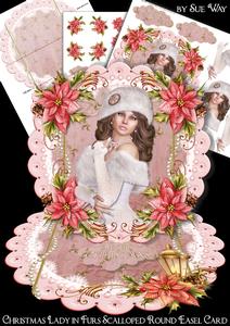 Christmas Lady in Furs Scalloped Round Easel Card