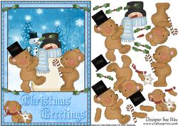 Christmas Bears Building a Snowman Card Front & Decoupage