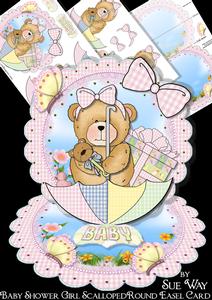 Baby Shower Girl Scalloped Round Easel Card