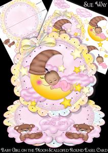 Baby Girl on the Moon Dark Skin Scalloped Round Easel Card