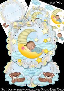 Baby Boy on the Moon Dark Skin Scalloped Round Easel Card