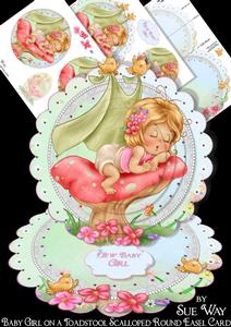Baby Girl on a Toadstool Scalloped Round Easel Card