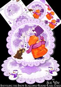 Shoveling the Snow Scalloped Round Easel Card