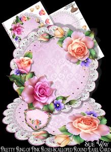 Pretty Ring of Pink Roses Scalloped Round Easel Card