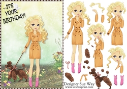 Its your Birthday! Fashion Girl Walking the Dog Card Front & Decoupage