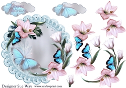 Delicate Flowers & Butterflys Scalloped Round Card Topper & Decoupage