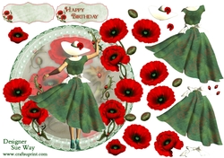 1950s Red Poppies Lady Scalloped Round Topper & Decoupage