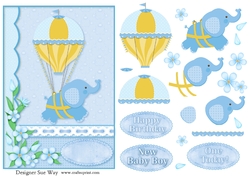 Cute Blue Boy Elephant A5 Card Front & Decoupage