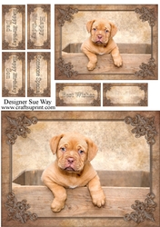 Cute Puppy in a Box Card Front, Topper & Sentiment Tags