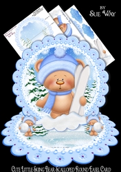 Cute Little Skiing Bear Scalloped Round Easel Card