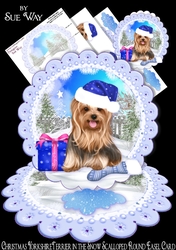 Christmas YorkshireTerrier in the Snow Scalloped Round Easel Card