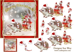 Hedgehog & Mice Christmas Sleigh 6 Inch Square Card Front & Decoupage