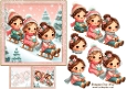 Christmas Girls in the Snow 6 inch Card Front, gift tag & Decoupage