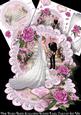 Pink Roses Bride and Groom Scalloped Round Easel Card