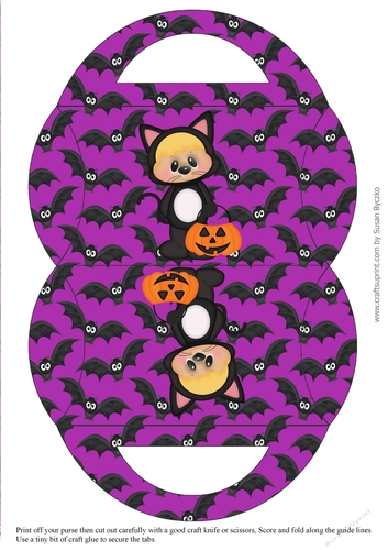 Halloween Kitten Candy Purse with Purple Bats Background 