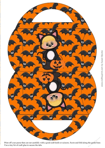 Halloween Kitten Candy Purse with Orange with Bats Background 