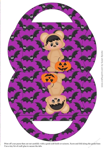 Halloween Bear Candy Purse with a Purple Bat Halloween Background 