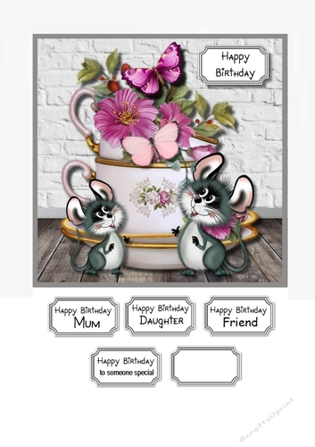 Cup of flowers with butterflies and cheeky mice