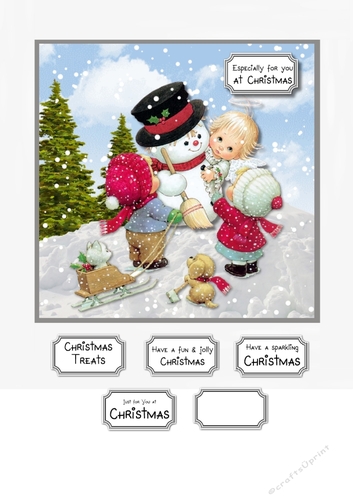 Snowman and Children Christmas card topper