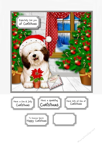 Dog with poinsettia Christmas card topper
