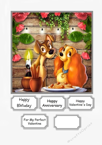 Lady and the Tramp love themed card topper for partner Birthday, Anniversary or Valentine