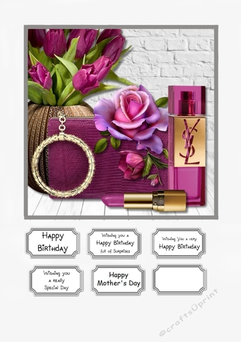 Flowers, Bag and Perfume in Purple for Birthday or Mothers Day