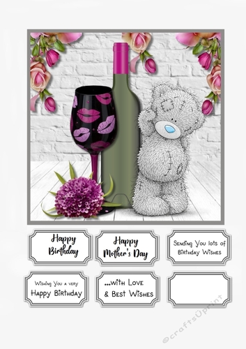 Tatty Teddy with wine and flowers for Birthday or Mothers Day