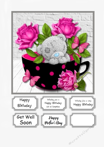 Tatty Teddy with cup of roses for many occasions