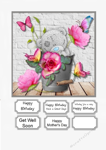Tatty Teddy with Bucket of Flowers and Butterflies