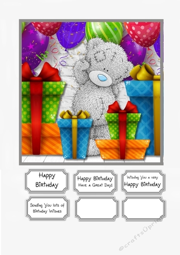 Tatty Teddy with Colourful Presents and Balloons