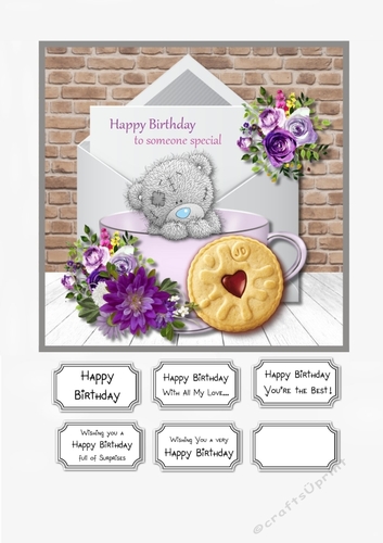 Tatty Teddy with cup and lilac flowers