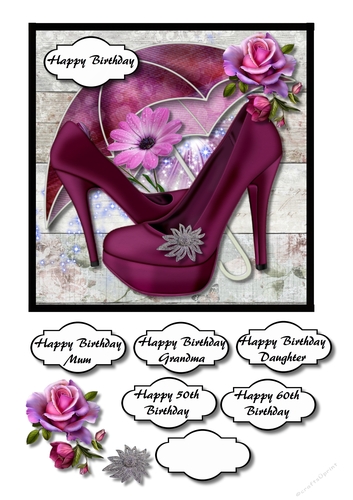 Plum shoes, umbrella and flowers