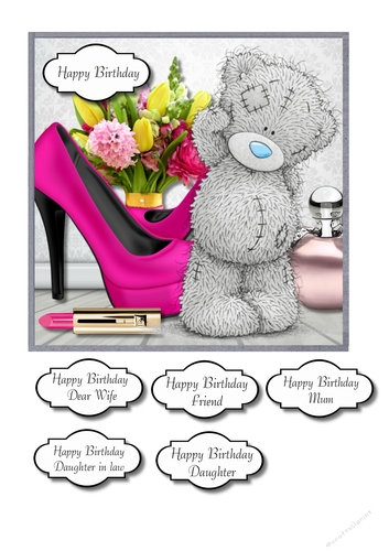 Tatty teddy with flowers, perfume and shoes