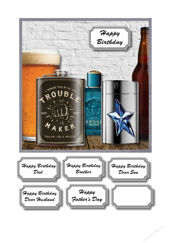 Aftershave, beer and hip flask birthday card