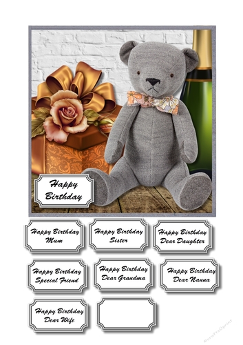 Teddy with present and champagne
