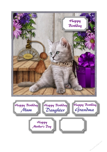 Kitten, perfume, gift and flowers