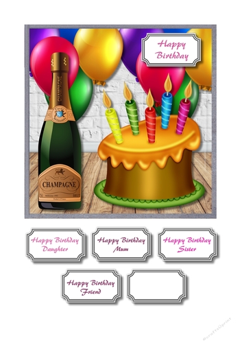 Colourful cake, balloons and champagne birthday