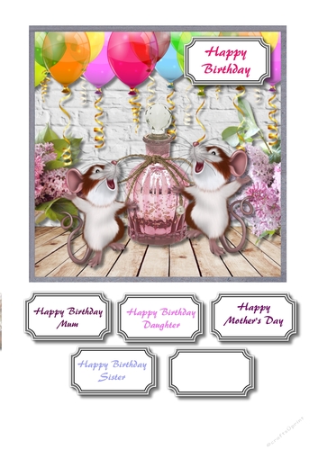 Cute mice with balloons and flowers