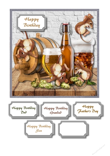 Real ale barrel with beer glasses and mice having fun