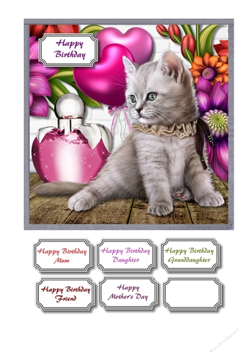 Kitten with flowers perfume and balloons in vibrant colours