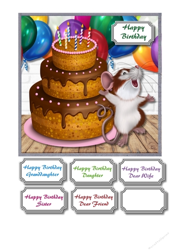 Birthday cake, mouse and balloons